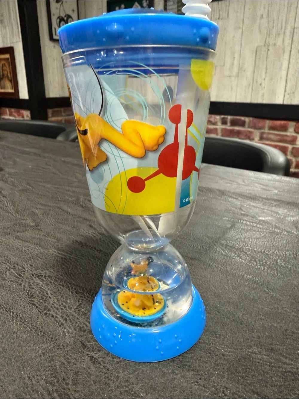 Vintage Disney Pluto Blue & Yellow Plastic Kids Party Cup with Lid and Straw